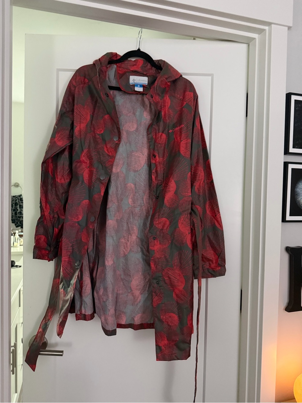 Columbia Red and Olive Floral Hooded Trench Coat - Women's